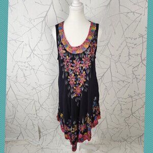 Asha Navy Colorful Floral Tie Dye Round Neck Flowy Swing Dress